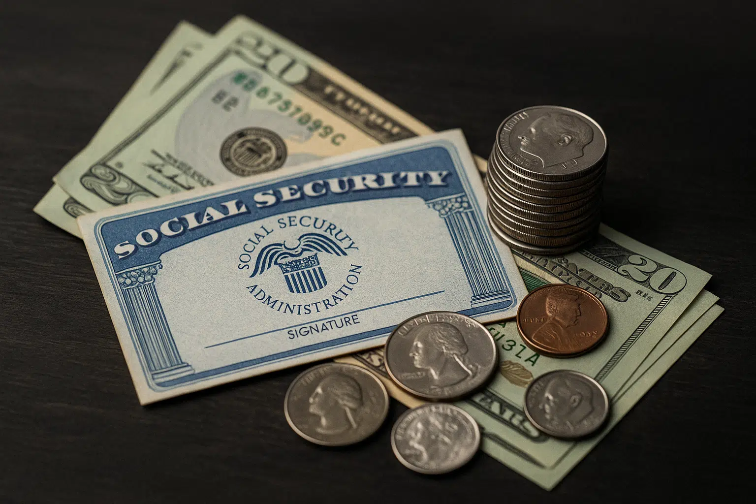 Social Security card, coins, and $20 bills stacked on a dark wood table — symbolizing SSDI payments.