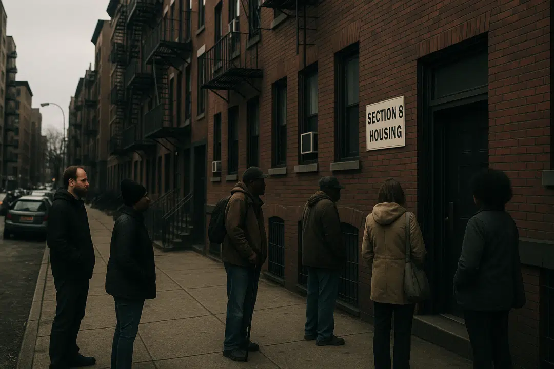 Urban Section 8 housing building with renters standing outside on a cloudy day — highlighting affordable housing need.
