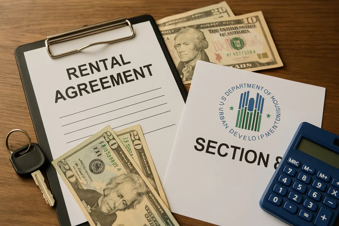 Realistic photo of a rental agreement, Section 8 housing voucher, cash, house key, and calculator on a wooden table.