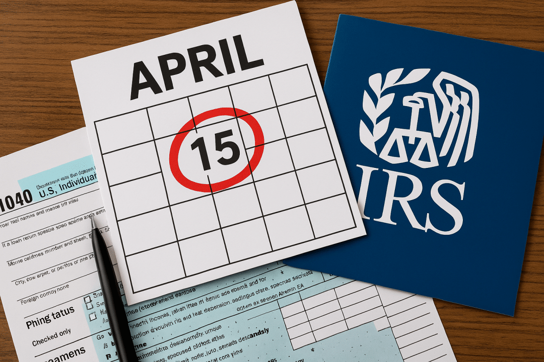 Calendar and tax docs showing April 15.