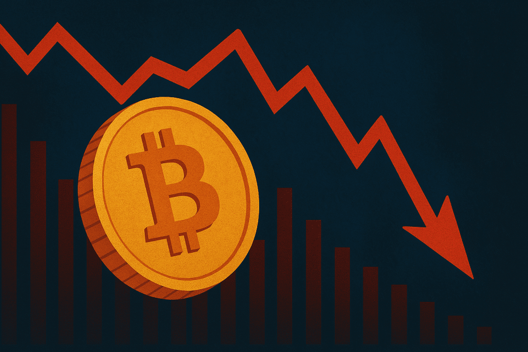 Illustration of a golden Bitcoin coin falling alongside a red stock market graph on a dark background, symbolizing a financial crash.