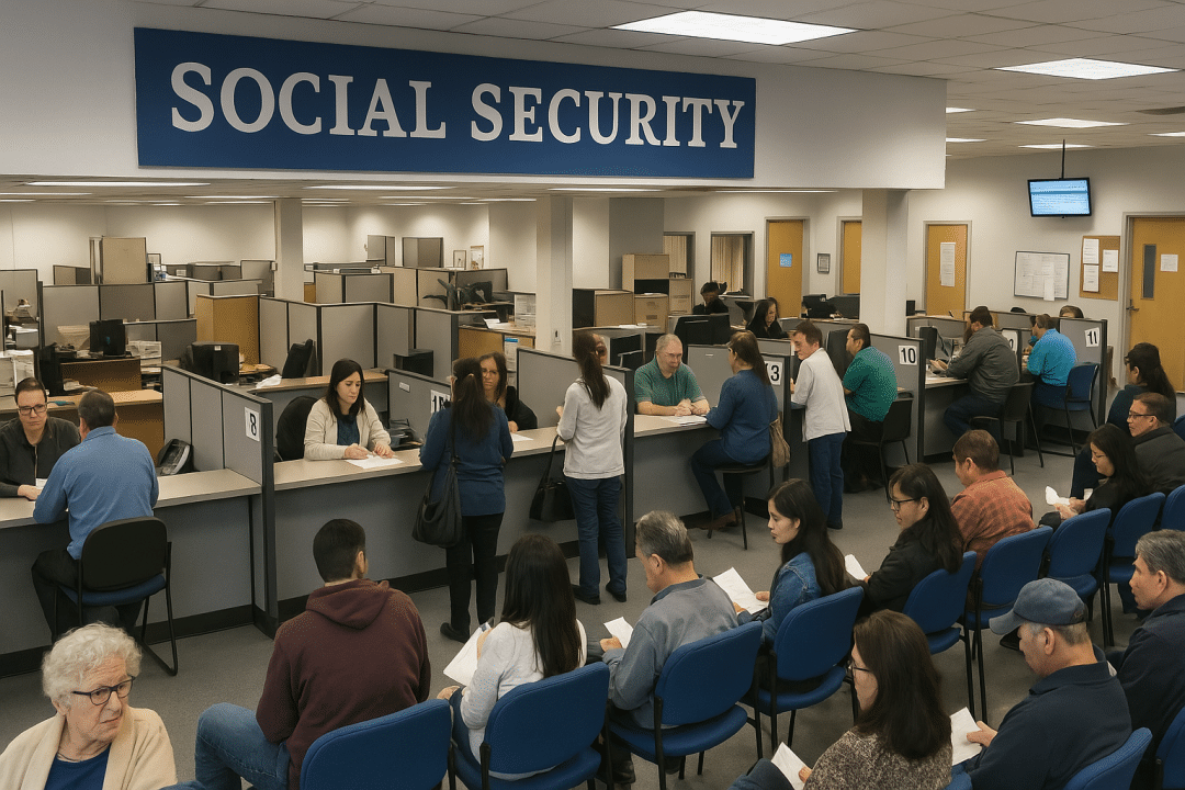 Aerial view of a crowded Social Security office with people waiting in chairs and speaking to staff at service counters