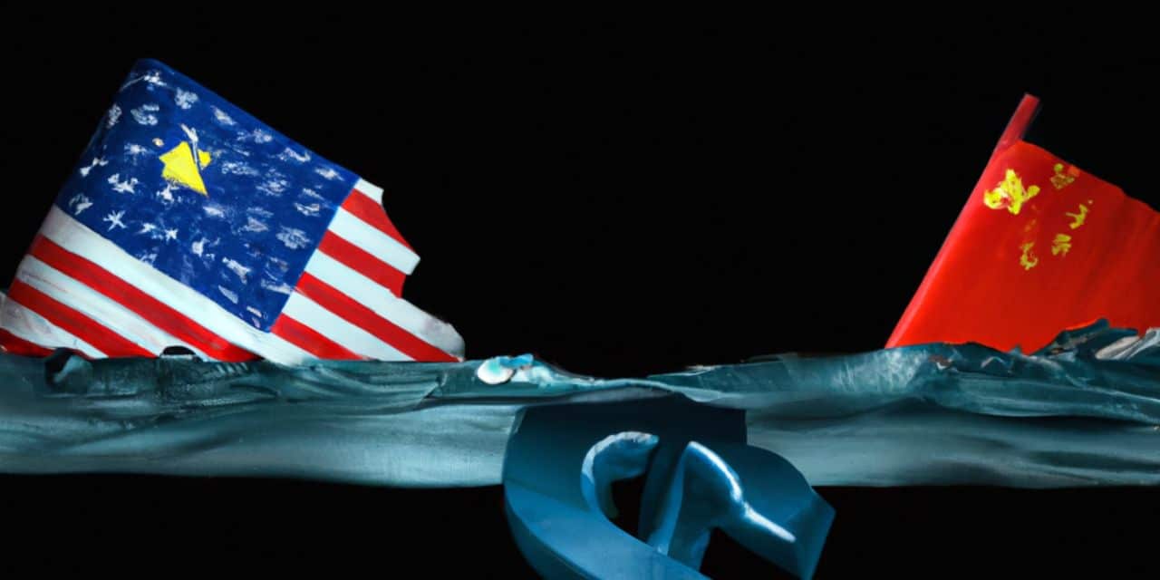 US and Chinese flags behind a dollar sign with dark background.
