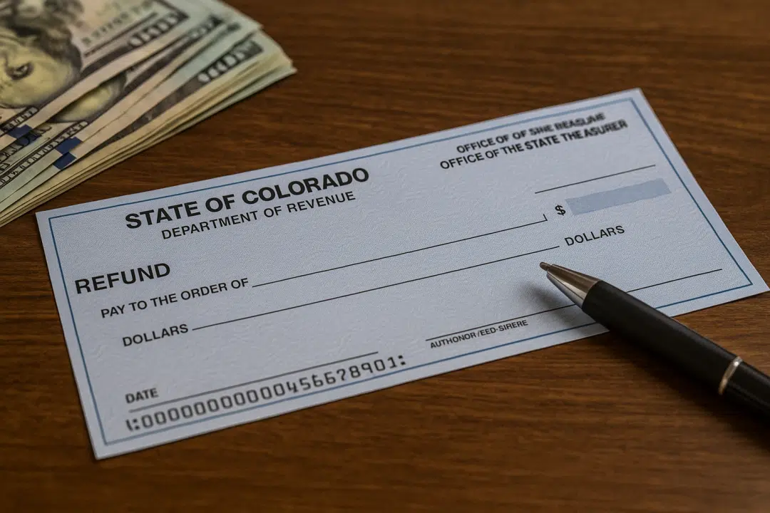 Colorado refund check on a wood table with pen and hundred-dollar bills — symbolizing TABOR stimulus payments.
