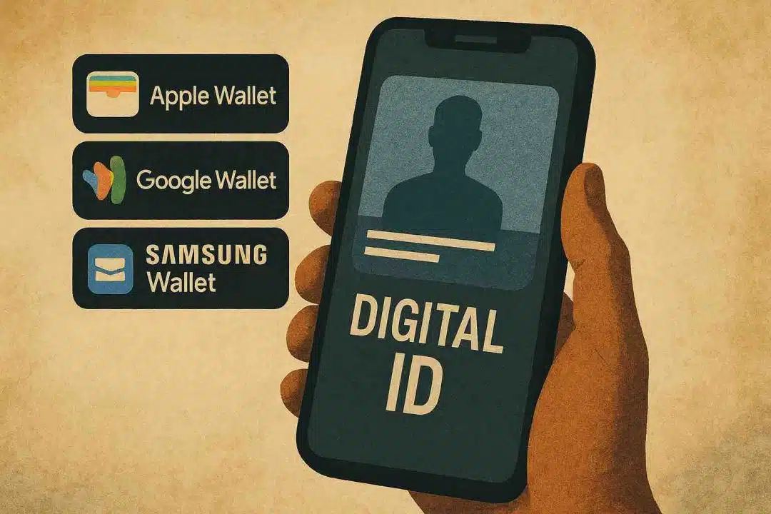 A digital illustration showing a hand holding a smartphone displaying a digital ID, with Apple Wallet, Google Wallet, and Samsung Wallet logos beside it, set against a vintage parchment-style background.