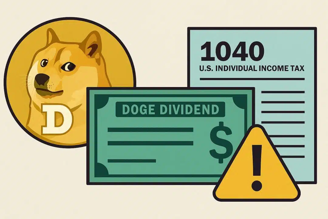 Flat-style illustration featuring a Dogecoin symbol, a green dividend check labeled 'Doge Dividend,' and a U.S. 1040 tax form, representing Doge dividend payments and tax implications.
