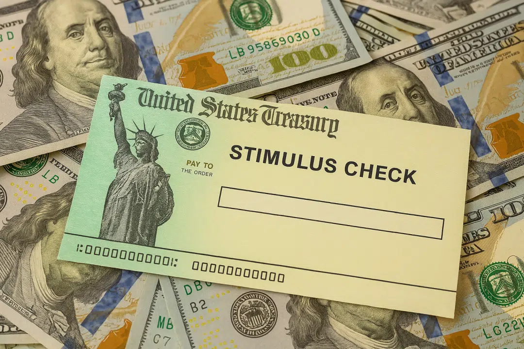 U.S. Treasury stimulus check placed on top of a pile of hundred-dollar bills, symbolizing financial aid and economic relief.