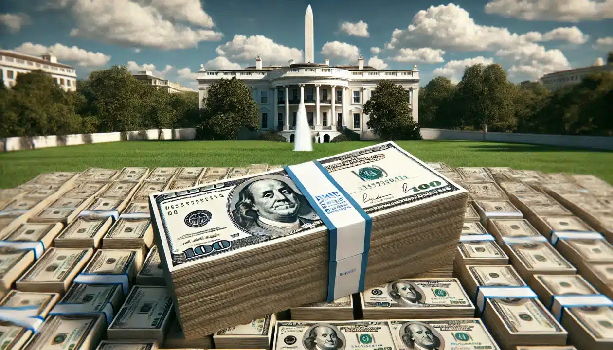 A large pile of U.S. dollar bills stacked on grass, with a blank check placed on top. In the background, the White House is visible under a blue sky with scattered clouds.