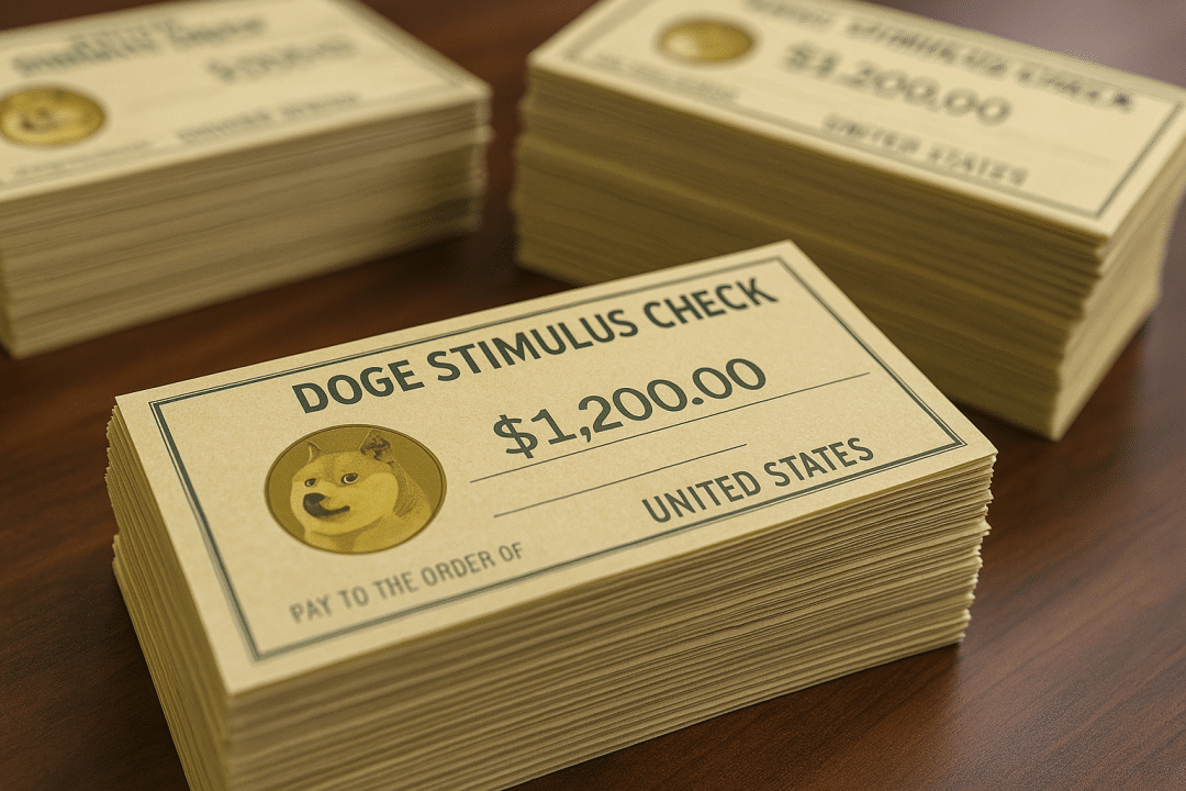 Stacks of DOGE stimulus checks on a wooden desk, featuring the Doge mascot and labeled with $1,200 amounts.