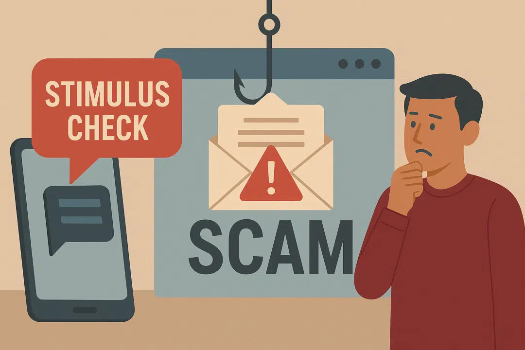Flat-style illustration of a phishing scam targeting stimulus check recipients, featuring a smartphone message, a warning email with a hook, and a concerned man reacting.
