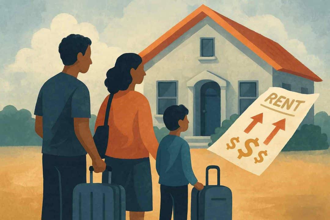 Illustration of a family with suitcases standing outside a house with a rent increase notice, symbolizing risk to Emergency Housing Voucher recipients.