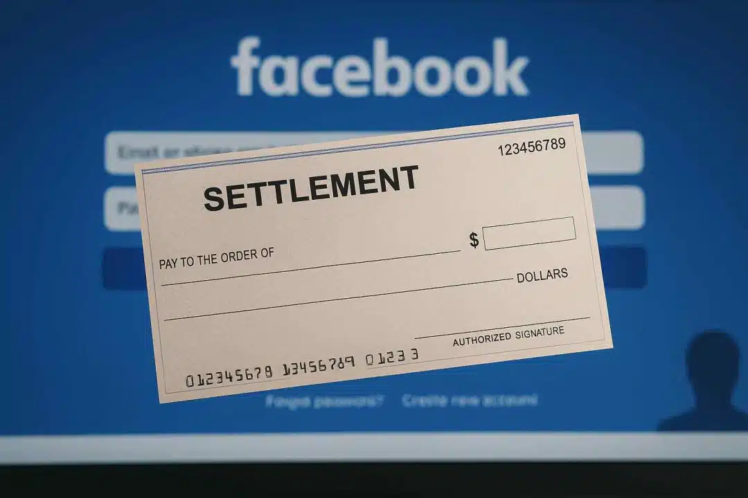 A settlement check positioned in front of a blurred Facebook login page, symbolizing Facebook settlement payments.