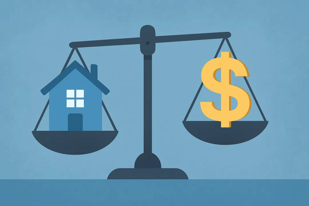 Flat-style illustration of a balance scale with a blue house on one side and a gold dollar sign on the other, symbolizing rent and housing cost comparisons.