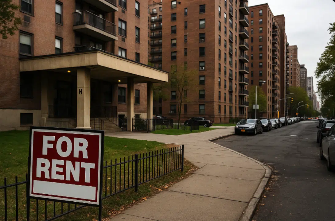 A row of brick apartment buildings in an urban neighborhood with a "For Rent" sign in the foreground, capturing the atmosphere of a tight housing market.