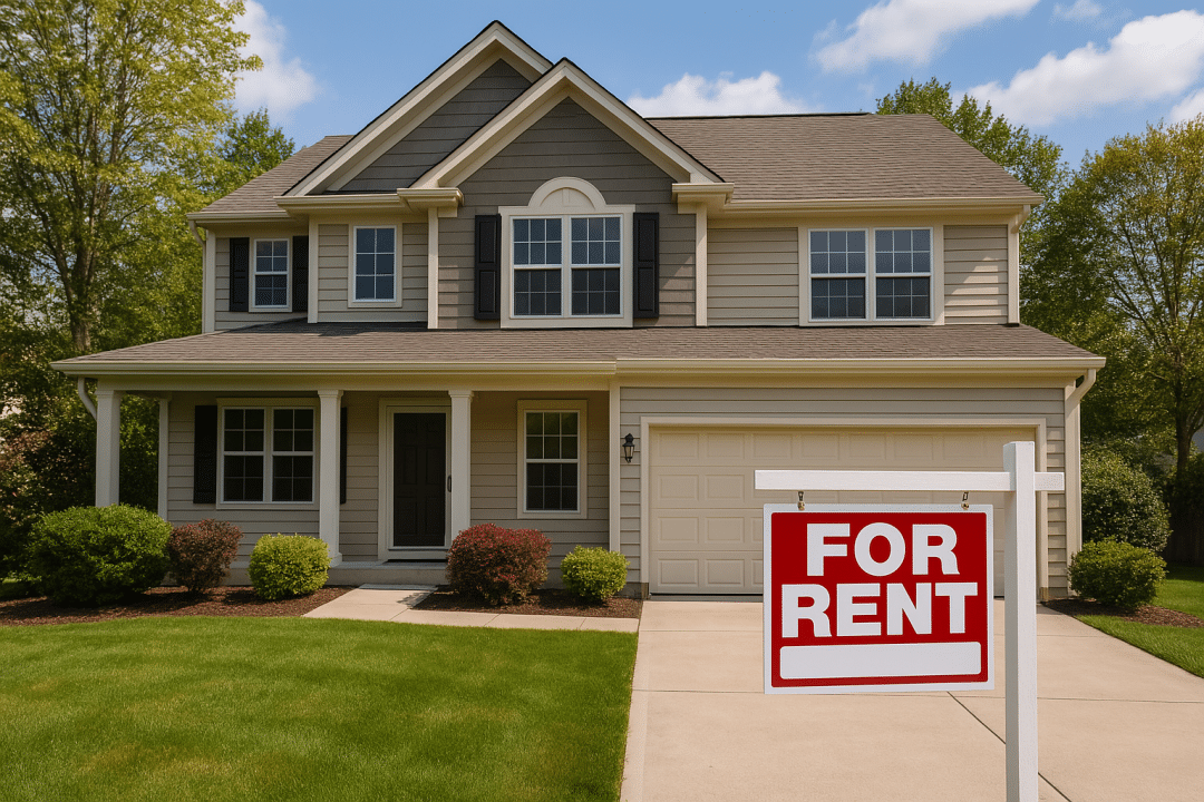 Section 8: Home with a For Rent sign in front of it.