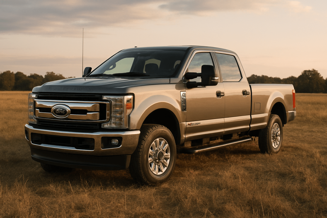 Ford pickup truck sitting in a grassy field.