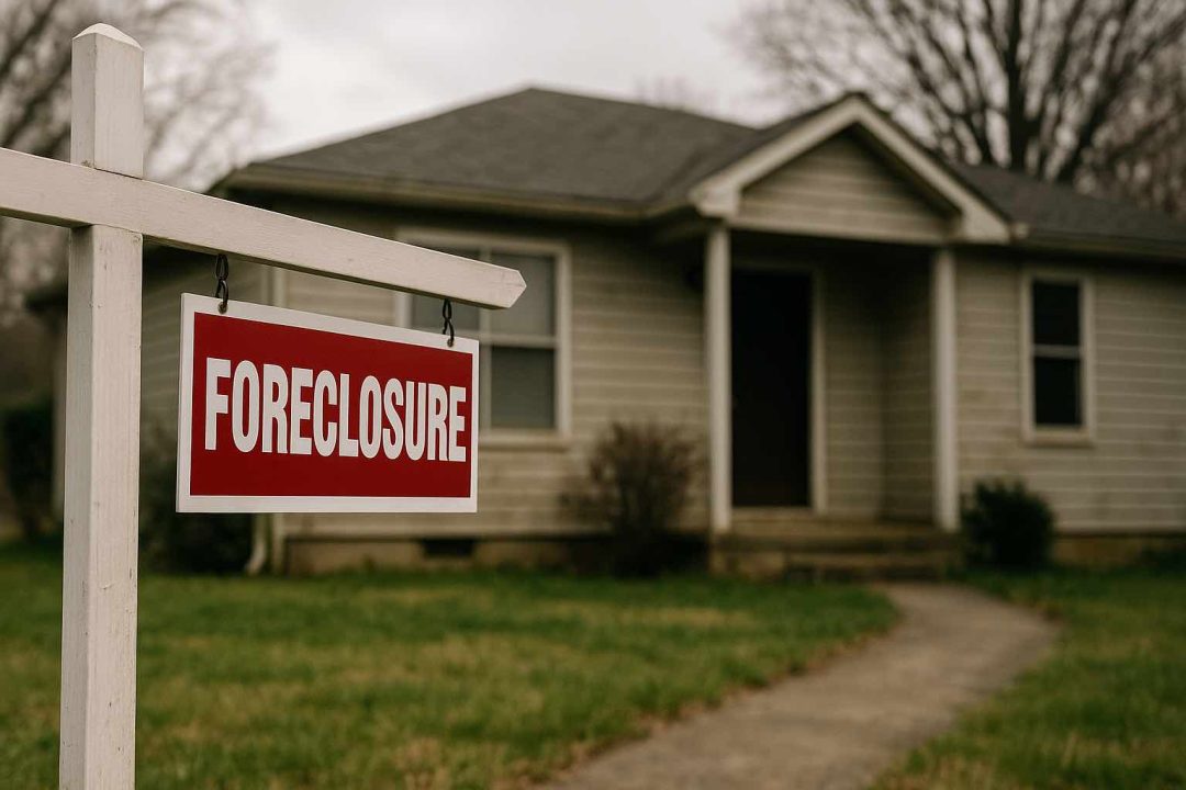 A red foreclosure sign hanging from a white wooden post in front of an abandoned suburban house with overgrown grass and a cloudy sky.