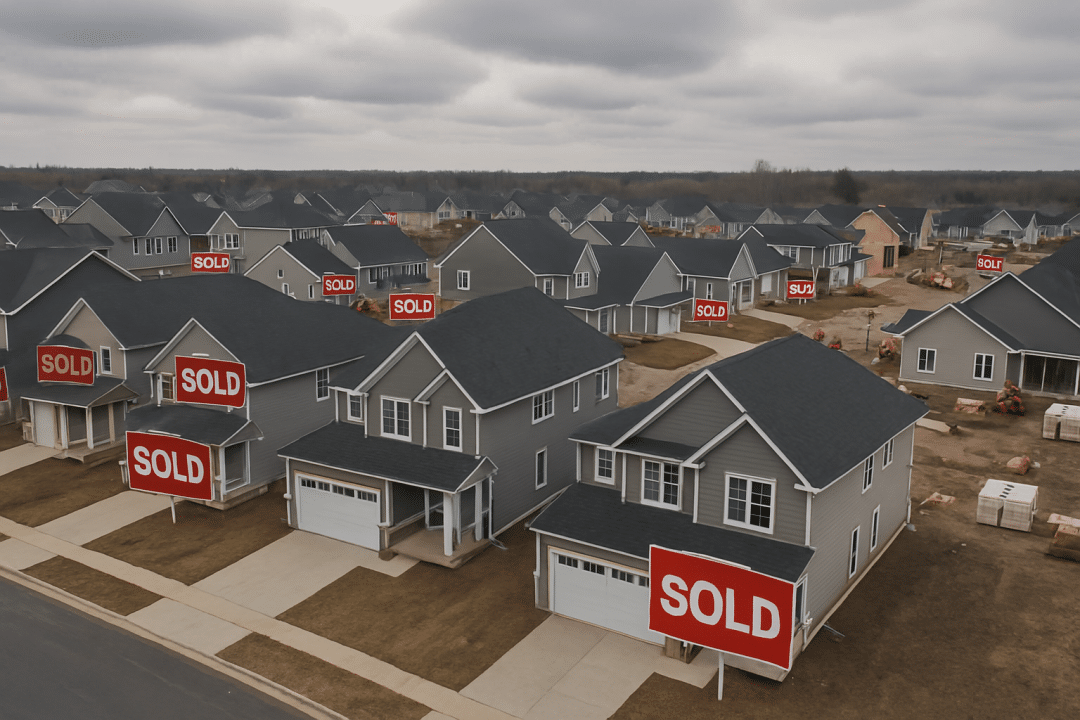 Aerial view of a suburban housing development under cloudy skies, with most homes marked with 'SOLD' signs and some still under construction.