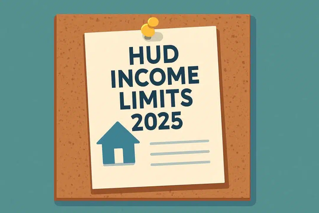 Flat-style illustration of a 'HUD Income Limits 2025' document pinned to a corkboard, with a small blue house icon and clean background.