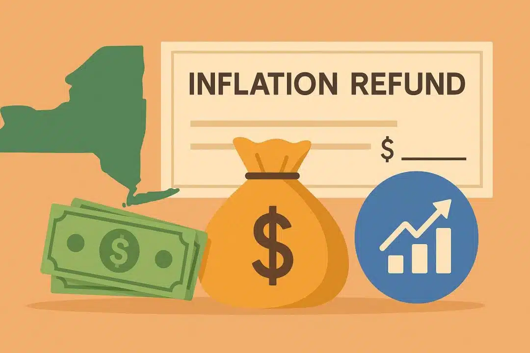 Flat-style illustration of New York state, inflation refund check, money bag, dollar bills, and rising chart symbolizing 2025 refund payments.