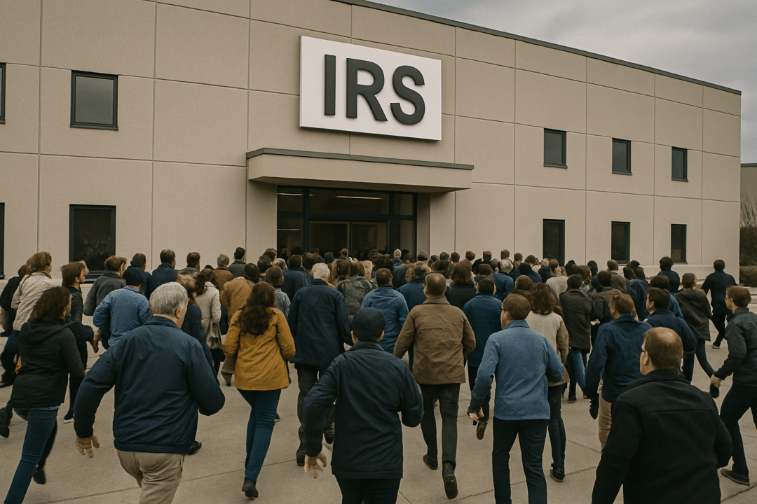 Aerial view of a large crowd of people rushing toward an IRS office building under cloudy skies, capturing a sense of urgency and movement.