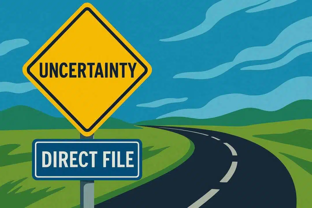 Flat-style illustration of a yellow 'Uncertainty' road sign and a blue 'Direct File' sign along a winding road, symbolizing the uncertain future of the IRS Direct File program.