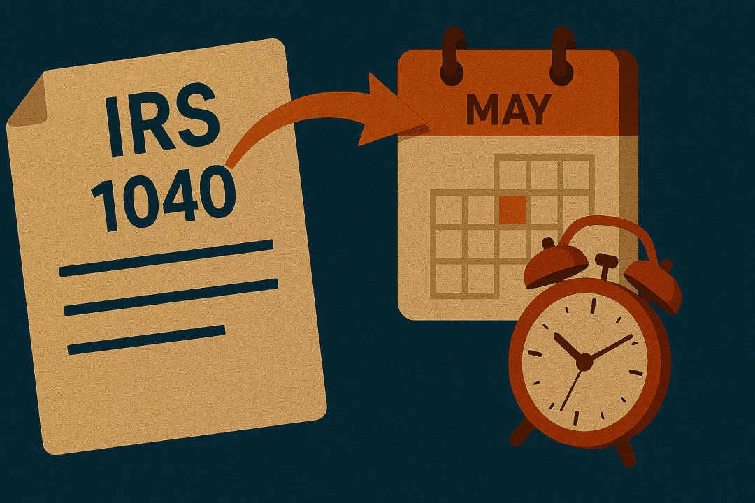 Illustration of an IRS Form 1040, a calendar marked for May, and a red alarm clock, symbolizing a tax extension deadline