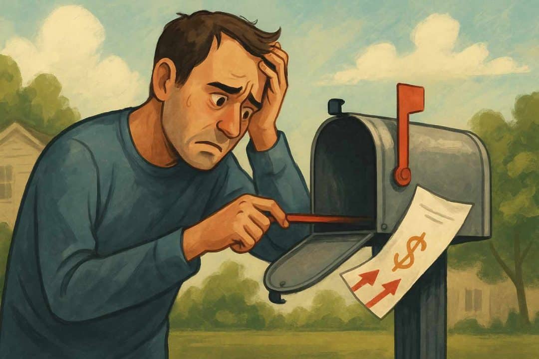 Illustration of a stressed man checking an empty mailbox, symbolizing IRS tax refund delays in 2025.