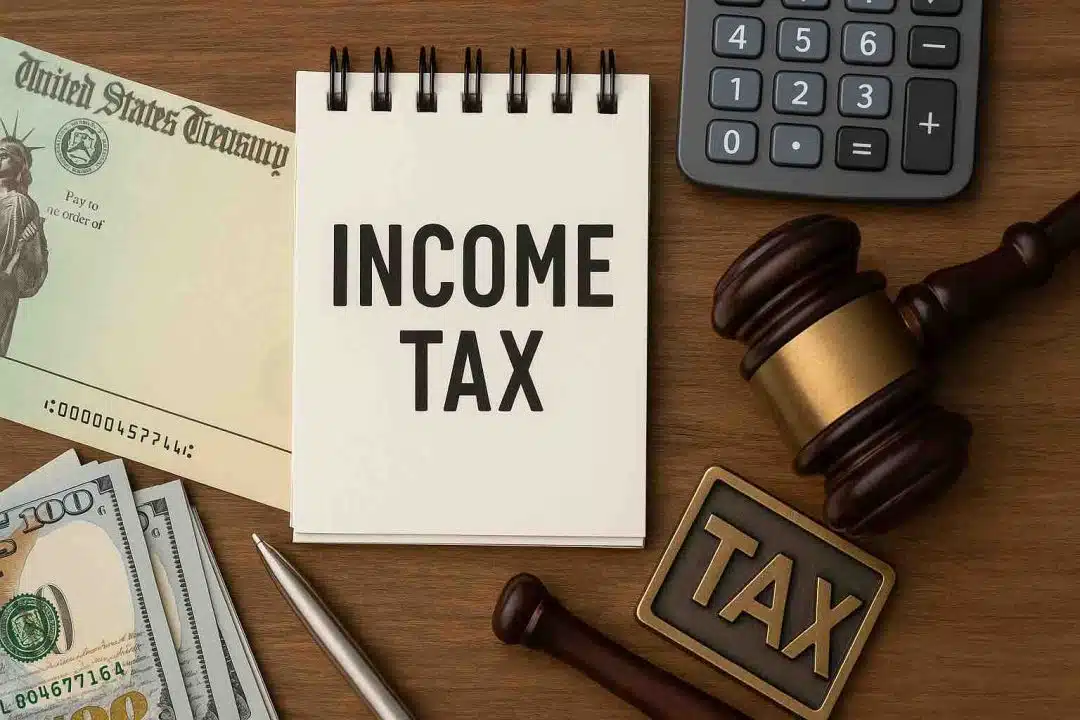 Flat lay of tax-related items including an income tax notepad, U.S. Treasury stimulus check, cash, calculator, gavel, and tax sign on a wooden desk.