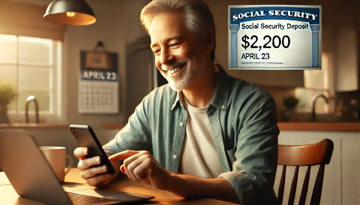 A smiling retiree reviewing a bank deposit notification on their phone or laptop, with a caption on-screen showing "Social Security Deposit – $2,200" and a calendar in the background marked "April 23."