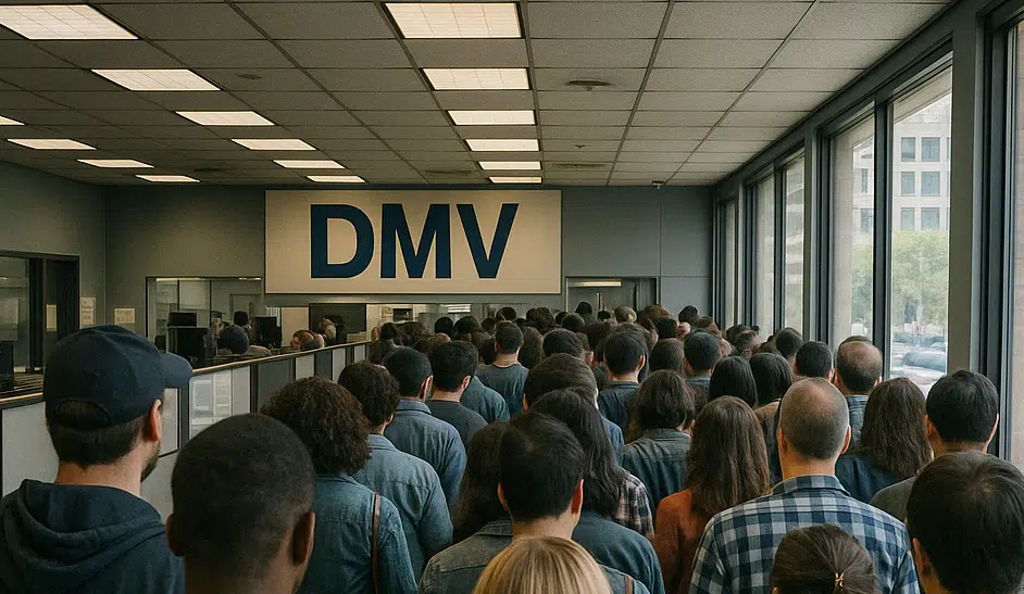 A long line of people waiting at the DMV for service as the REAL ID deadline looms.