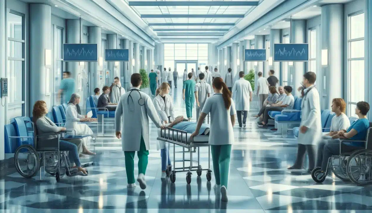 Busy hospital corridor with doctors, nurses, and patients in motion, depicting a modern healthcare facility environment
