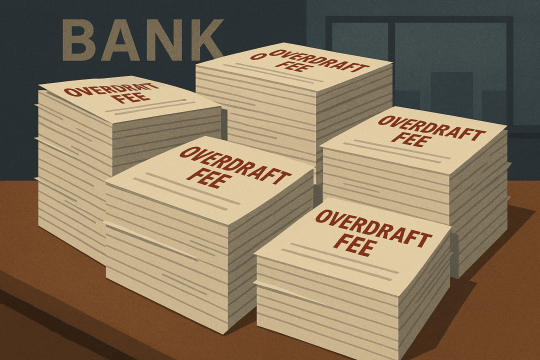 A pile of papers that say overdraft fee on them on a desk in a bank.