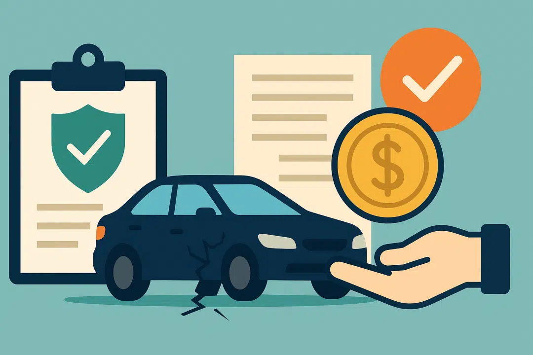 Flat-style illustration of a damaged car, insurance claim documents, a payout coin, and a green shield with a checkmark — symbolizing insurance settlements.