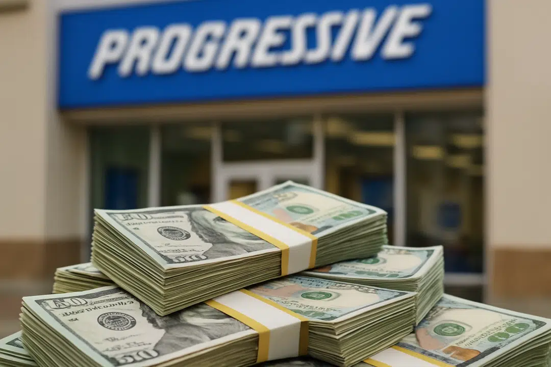 Stacks of hundred-dollar bills in focus with a blurred Progressive Insurance office sign in the background.
