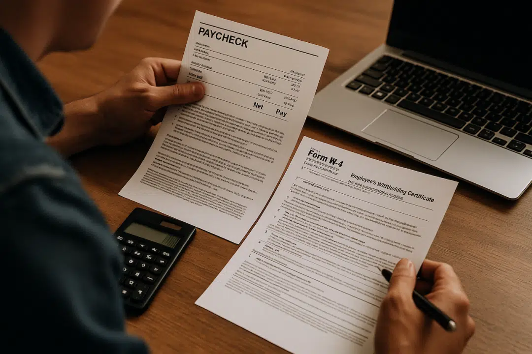Person reviewing paycheck and IRS Form W-4 with calculator and laptop on a desk — representing tax withholding planning for 2025.