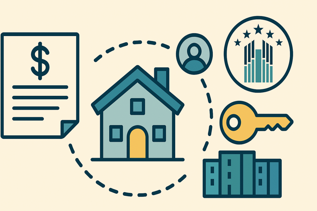 Several icons that illustrate the components involved in Section 8 housing.