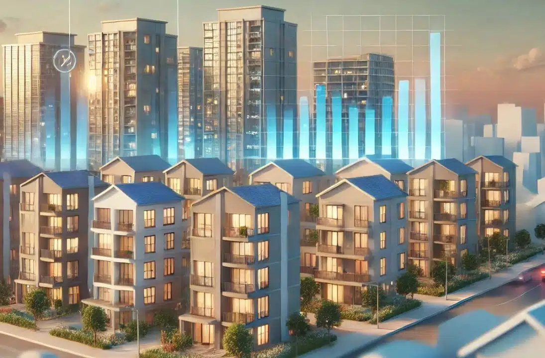 Modern apartment buildings under blue skies representing affordable housing and Section 8, with visual elements suggesting rising income trends for HUD's 2025 income limits.