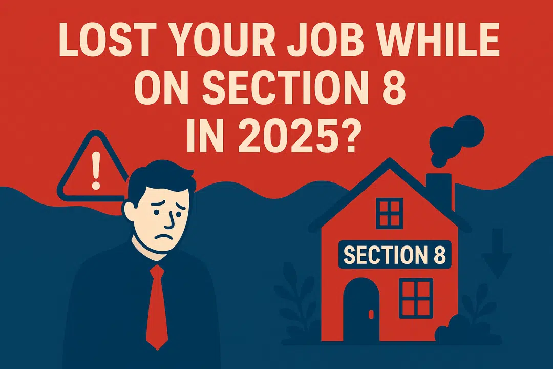Red and blue graphic showing job loss and housing stress for Section 8 recipients in 2025 with text about rent impacts.