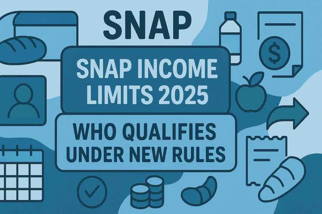 Flat-style digital illustration visualizing “SNAP Income Limits 2025: Who Qualifies Under New Rules” using cool tones of blue and teal with icons representing food, eligibility, and finances.