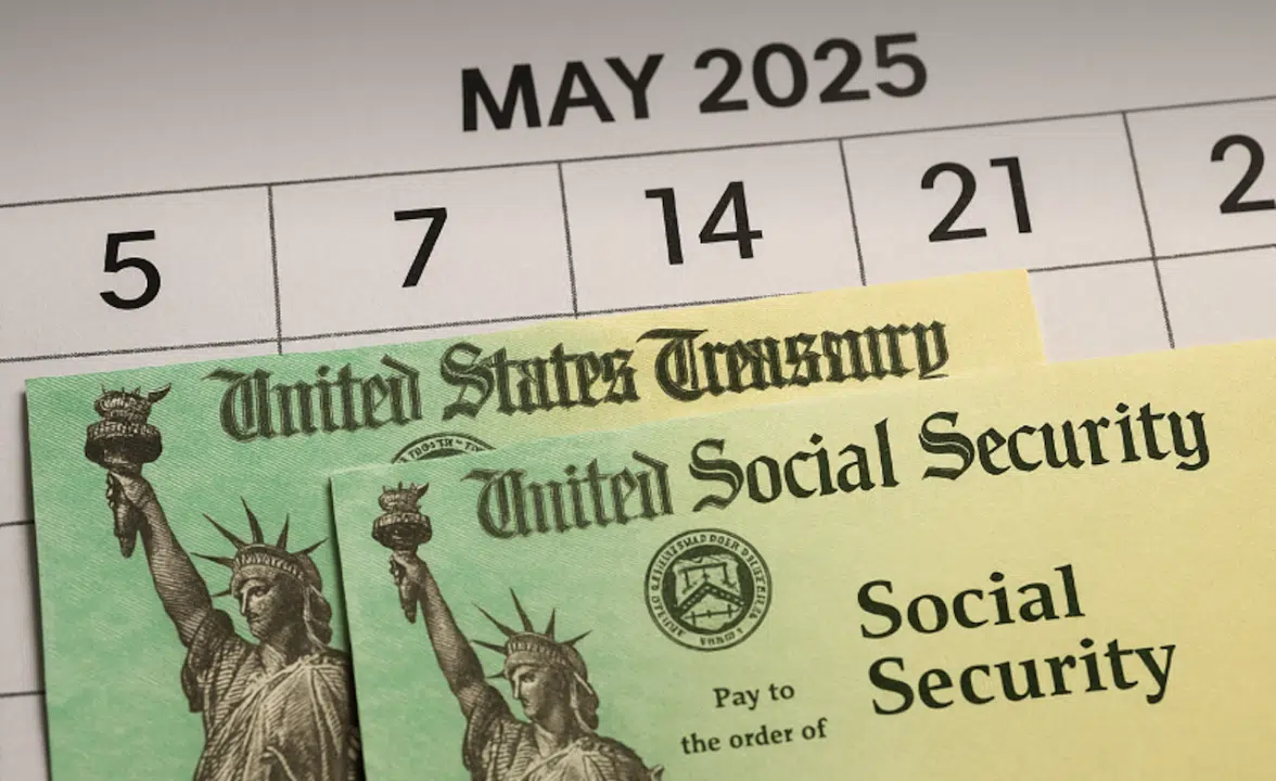 Two U.S. Social Security checks placed on a May 2025 calendar, symbolizing double payments for SSI recipients.