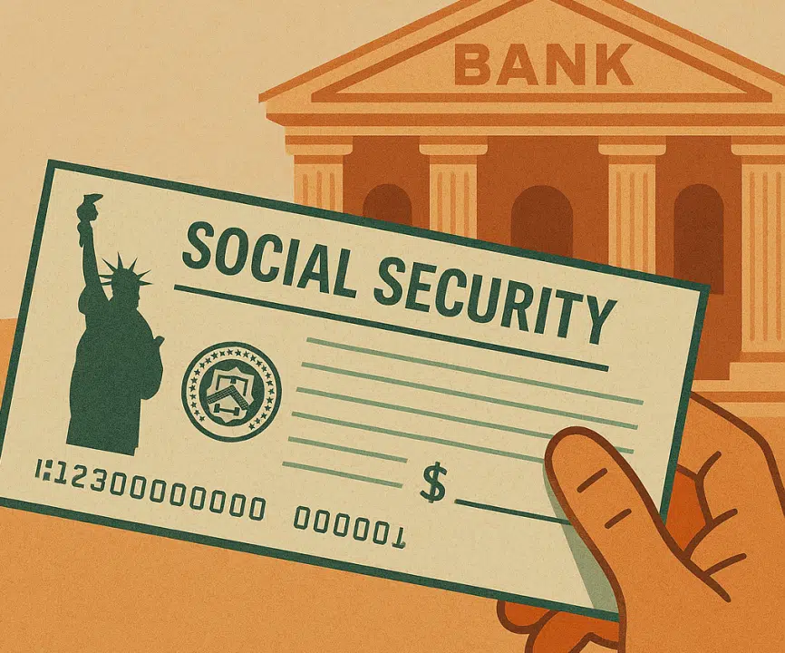 Illustration of a Social Security check being held in front of a bank building, symbolizing benefit payments.