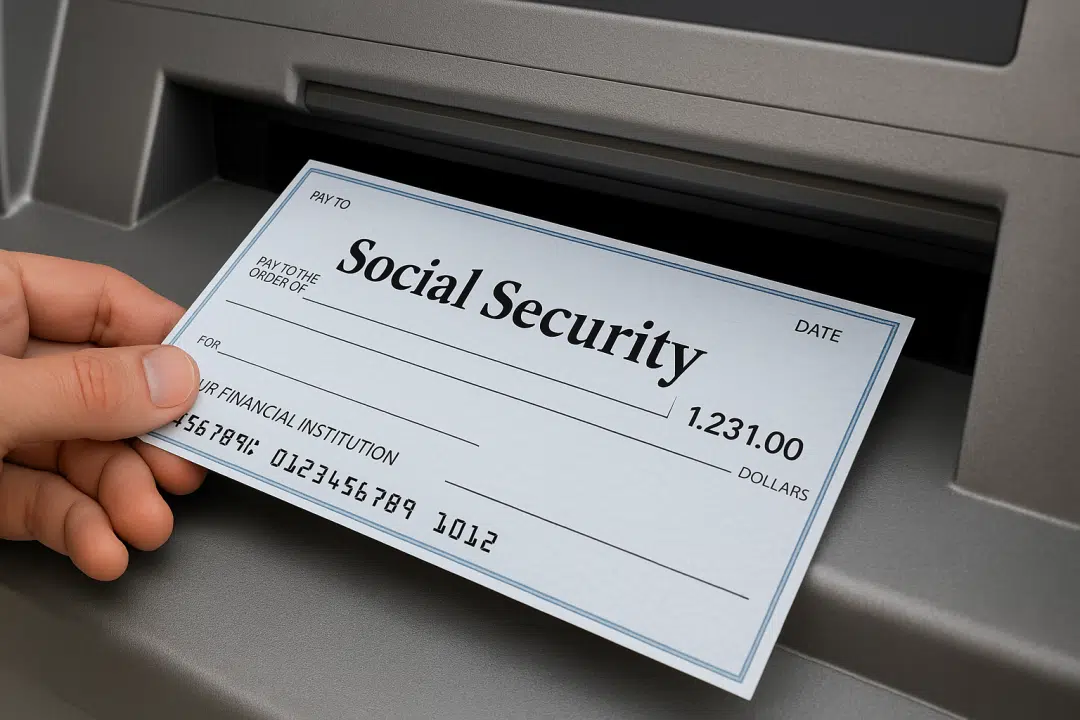 Close-up of a hand depositing a Social Security check into an ATM machine