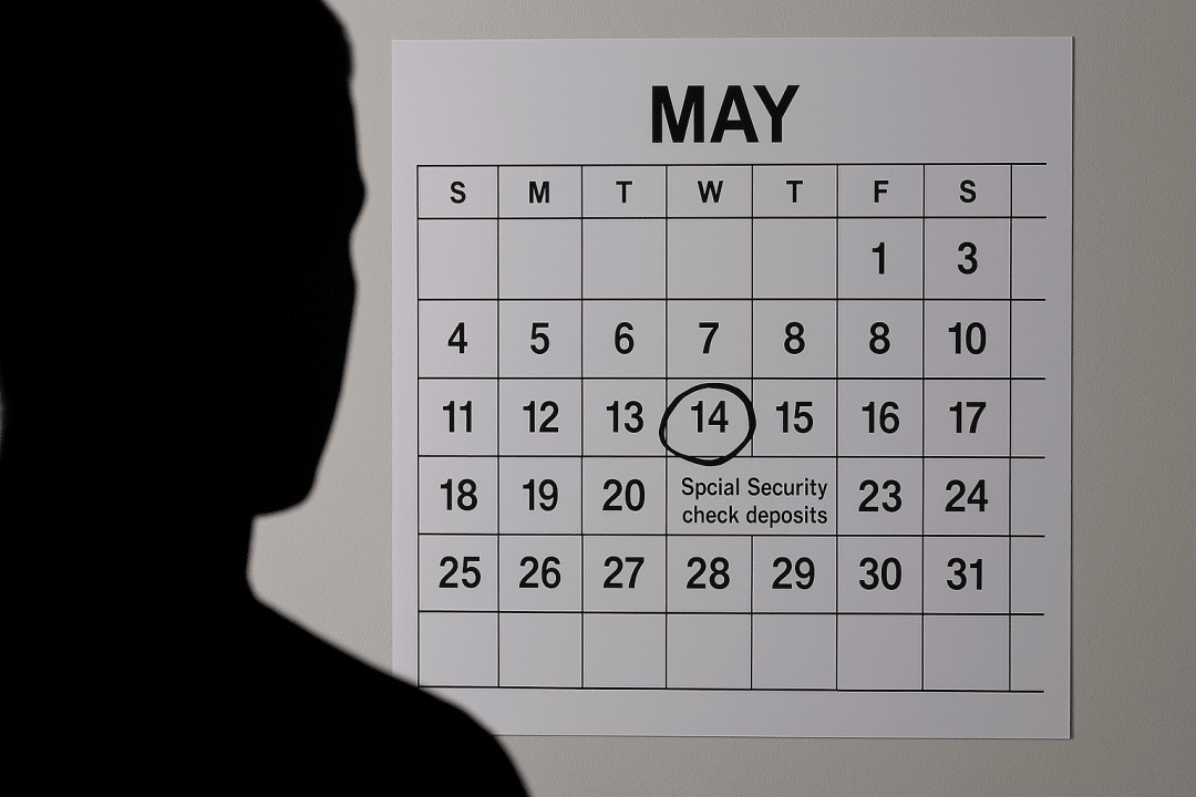 Silhouette of a person looking at a May calendar with a circled date labeled 'Social Security check deposit'.