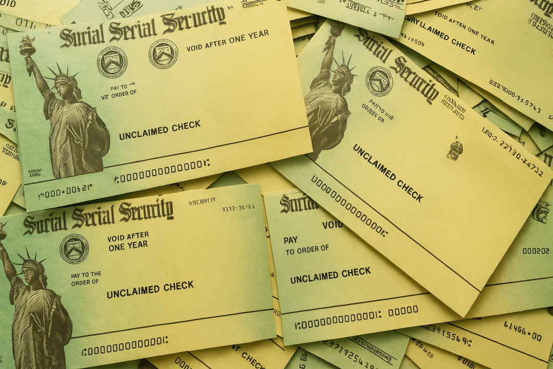 Pile of social security checks that say unclaimed on them.