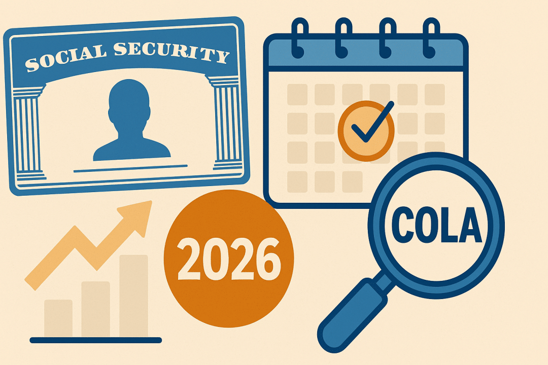 Flat digital illustration showing Social Security and COLA symbols, including a Social Security card, a calendar with a check mark, a "2026" icon, a bar graph, and a magnifying glass highlighting "COLA."