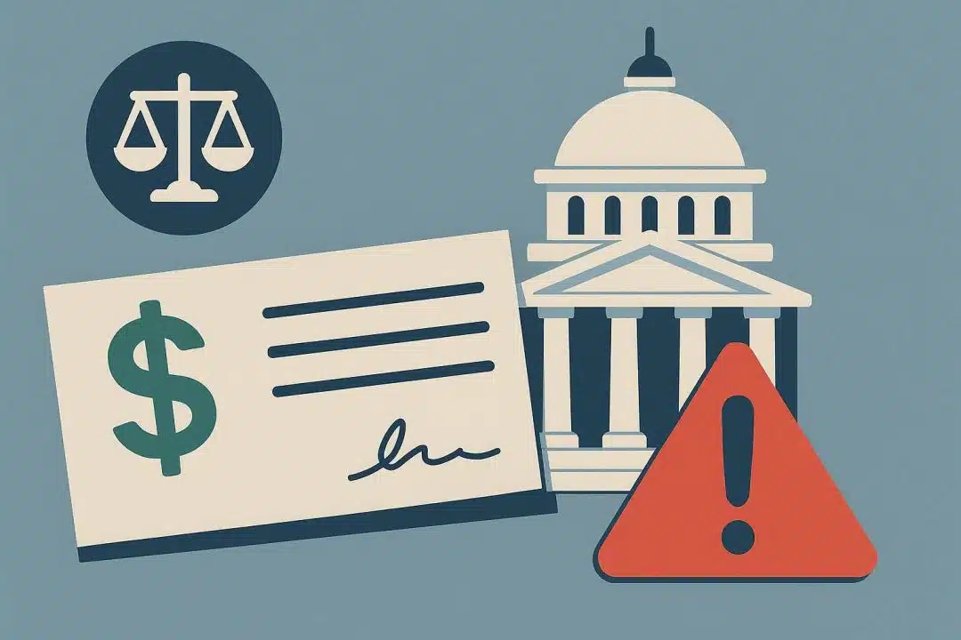 Illustration showing a government building, a check with a dollar symbol, and a warning sign representing Social Security disability payment cuts and COLA changes.
