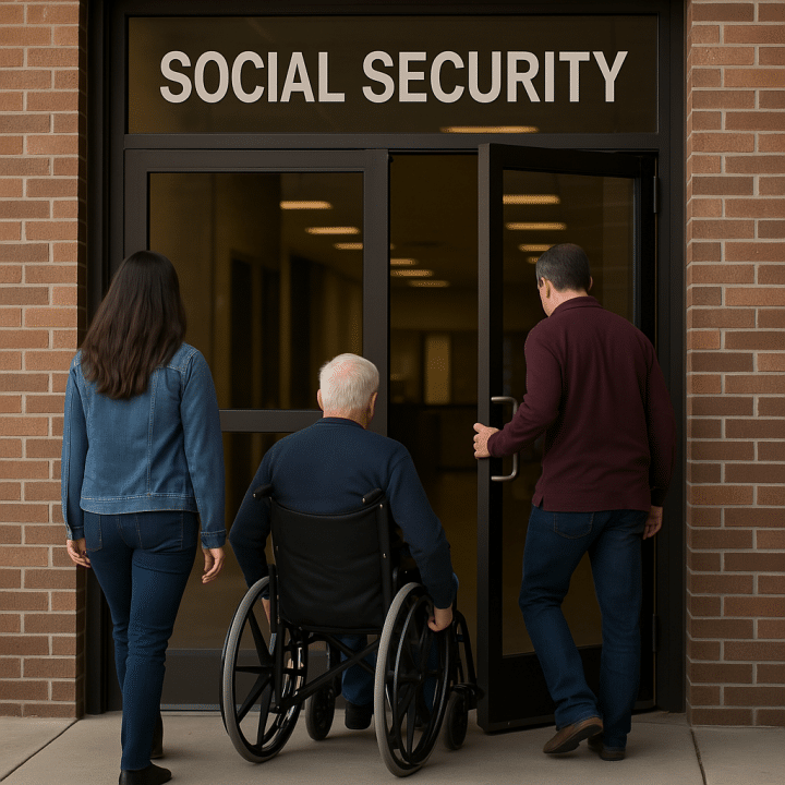 three people walk into social security disability office.