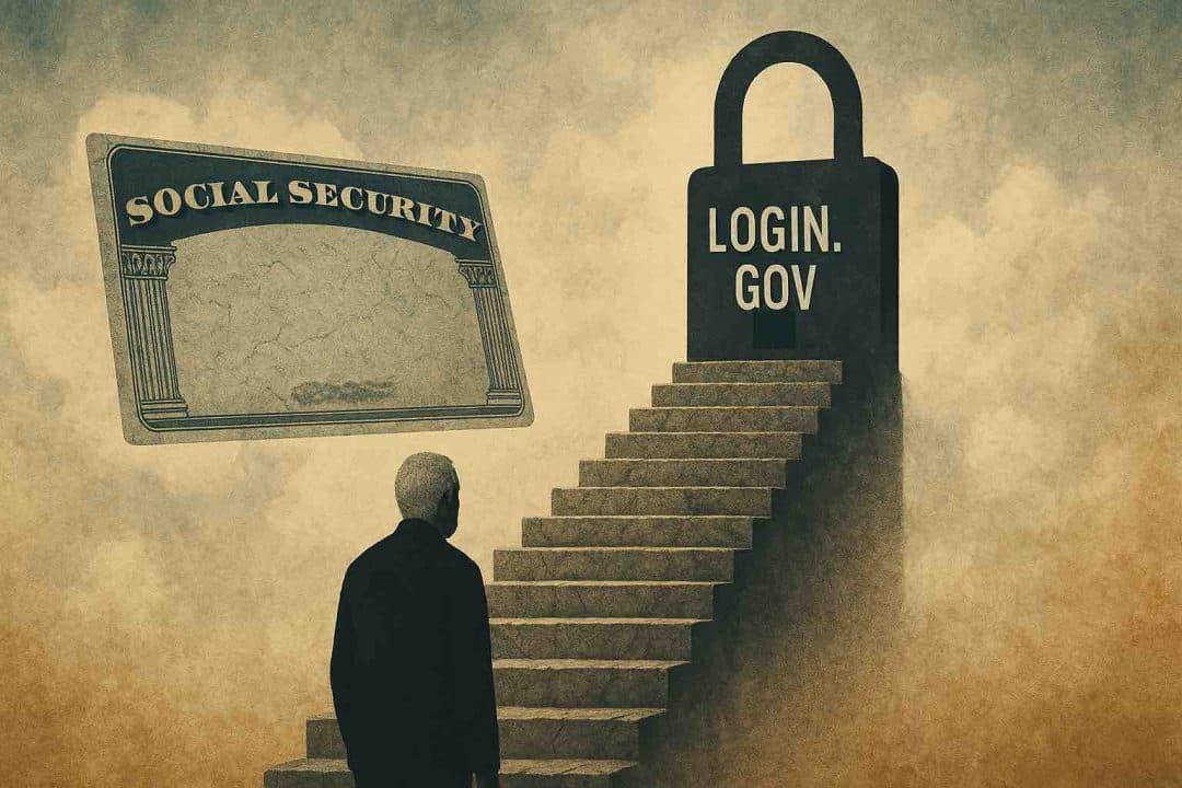A surreal digital illustration showing a lone figure standing at the base of cracked stone stairs leading to a giant padlock labeled 'LOGIN.GOV,' with a floating, weathered Social Security card nearby, set against a cloudy, parchment-colored sky.