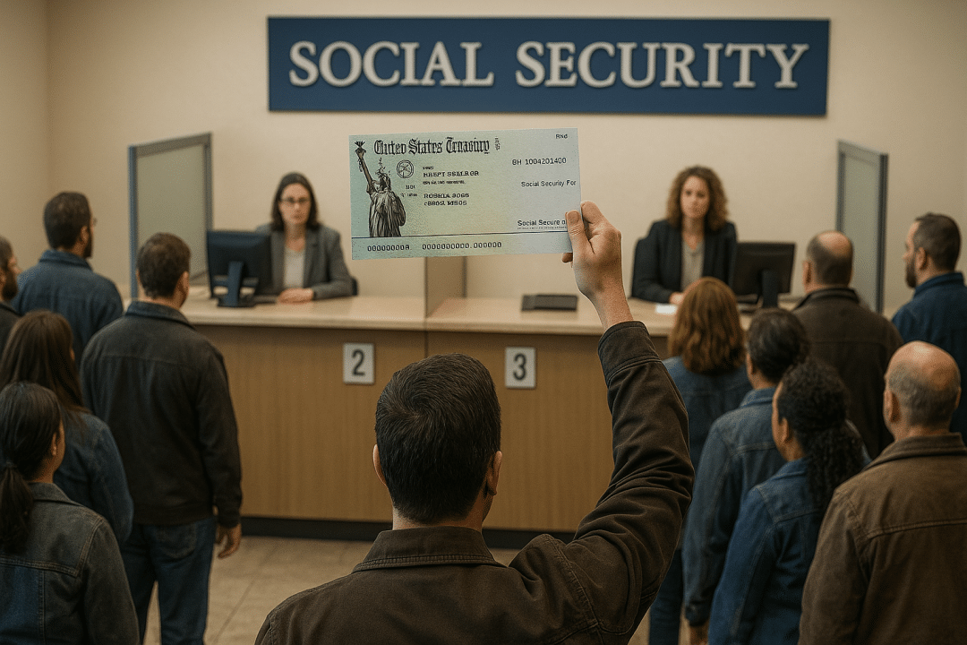 person holding a check up at a social security office.